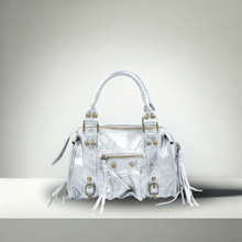 Sac à main Vintage - Gris métallique Sac Signé L Argent Cuir italien